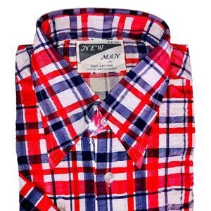 Vintage 70s Mens L Shirt Red Blue Plaid Button Up Short Sleeve Big Collar